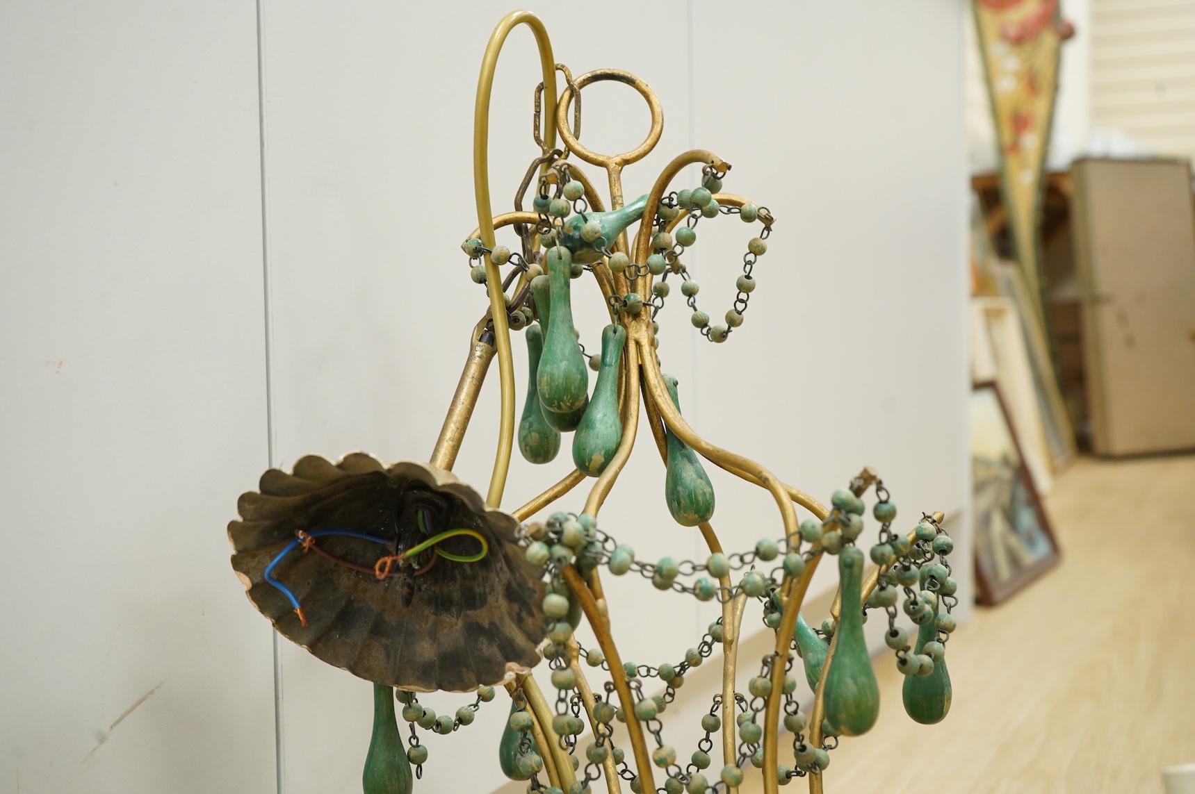 A beaded and gilt metal six branch electrolier, 86cm high